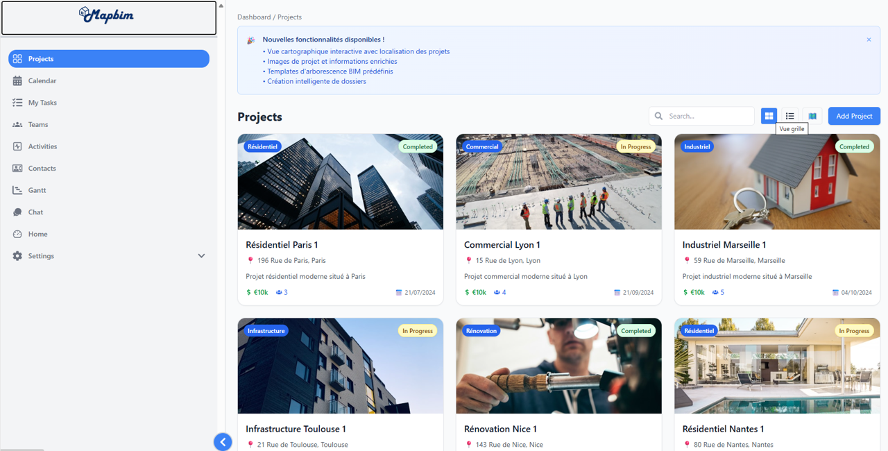 Interface gestion projets MapBIM