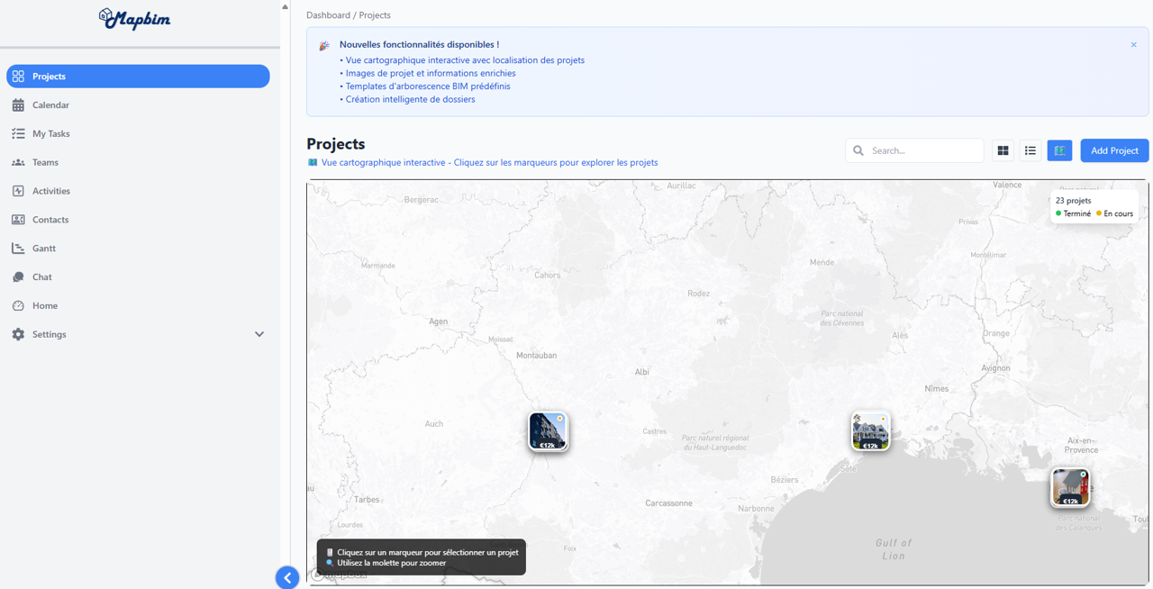 Vue cartographique projets MapBIM